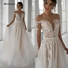 Тюлевое платье цвета шампанского с длинным рукавом и поясом, свадебное платье 2022 с открытыми плечами, свадебное платье с аппликацией, женское платье принцессы