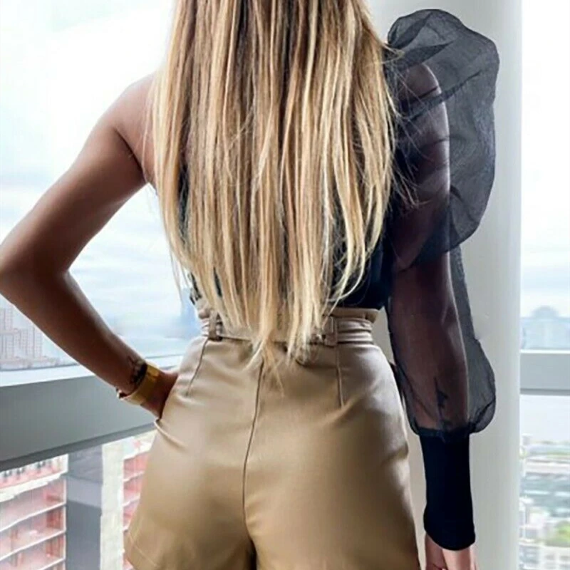 

Women Sexy Blouse Long Sleeve Mesh Shirts Solid Ruffle Puff Long Sleeve Shirt Ladies Slim High Street Vogue Blouses