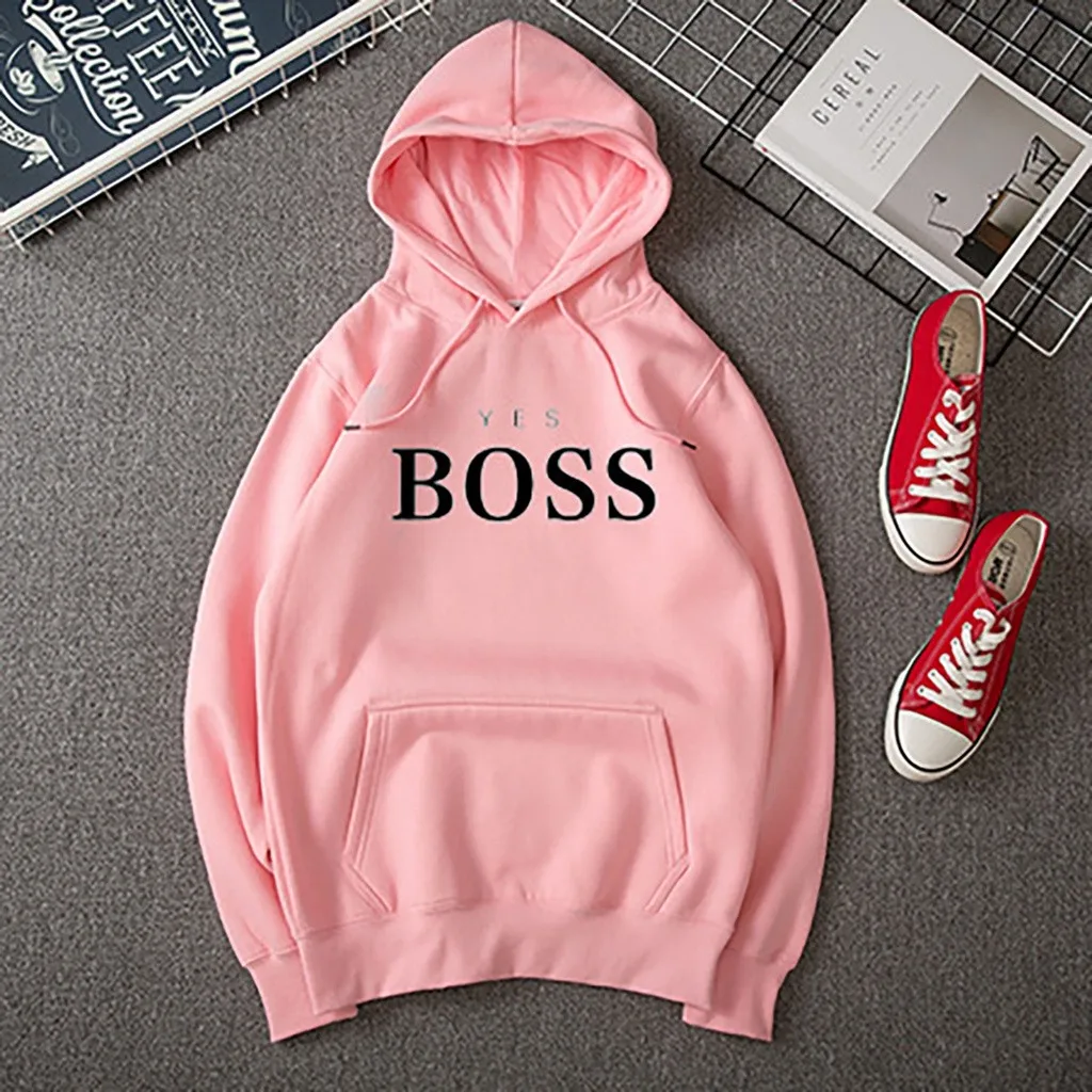 Женская Осенняя Толстовка YES с надписью BOSS с капюшоном с длинным рукавом безразмерная Толстовка Пуловер Swatshirt Женская толстовка с карманом Топы