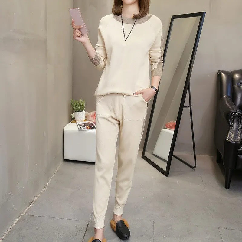 Женские вязаные брюки комплект из 2 предметов элегантный свитер + штаны шаровары