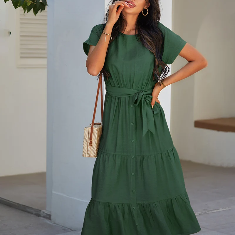 

ATUENDO Summer Fashion Long Dress for Women Vintage Solid Green Silk Women's Clothing Causal Bohemian Sexy Soft High Waist Robe