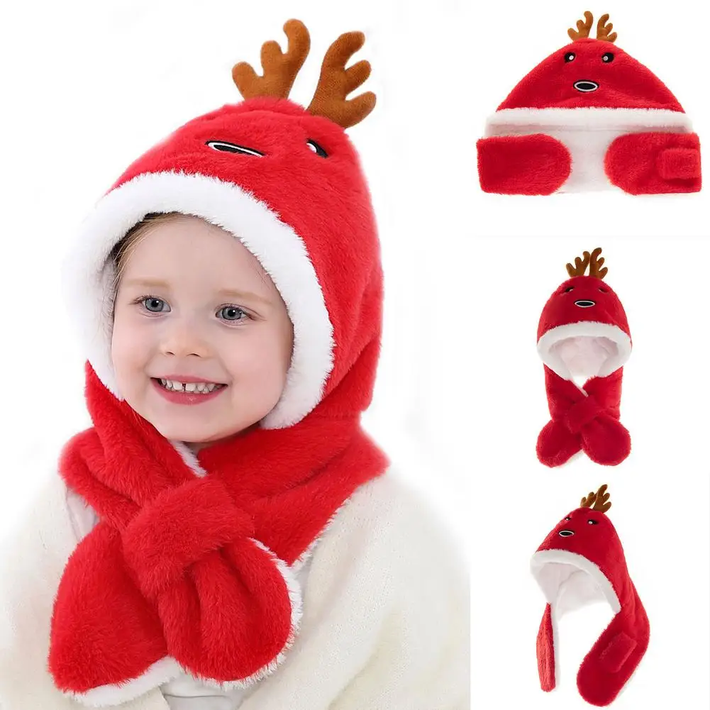 

Рождественская Детская Шапка-бини, теплая шапка с милыми животными, шарф, цельный головной убор, наушники с оленьими рогами, Рождественская ...