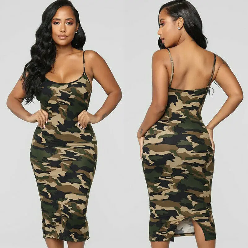 Женское повседневное облегающее платье без рукавов камуфляжное