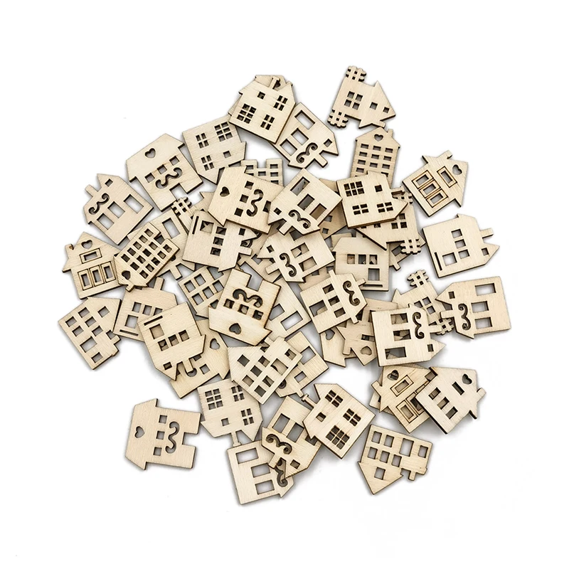 20pcs wood house shaped wood embellishment cutout veneers for diy craft project home ornaments decoration free global shipping