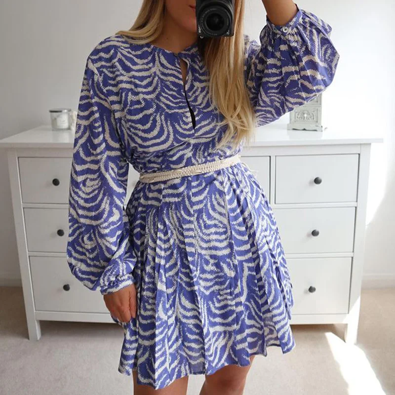 

Fashion Spring V Neck Dresses Women Elegant Lantern Sleeve Folds Loose Mini Dress Women Tie Belt Casual Dresses Ladies