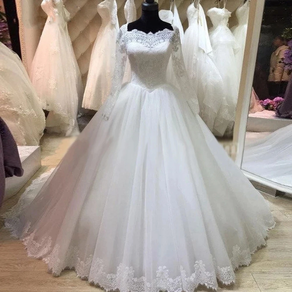 

ANGELSBRIDEP Tulle Ball Gown Wedding Dress 2021 Real Long Sleeves Vestidos De Novia Charming Court Train Formal Bride Dresses