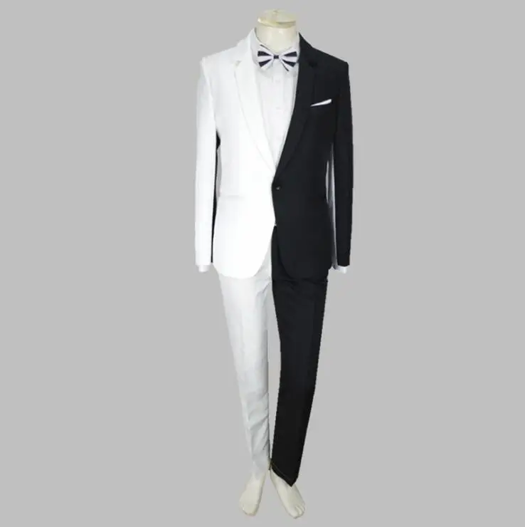 Jacket + pants new black white suit luxury personality suits male party blazers men wedding suit men fashion slim graduation coa