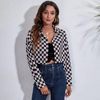 

New Arrival Spring Fall Women Love Checkerboard Short Front Long Back Printed Loose Long Sleeve Cardigan Short Mosaic Thin Coat