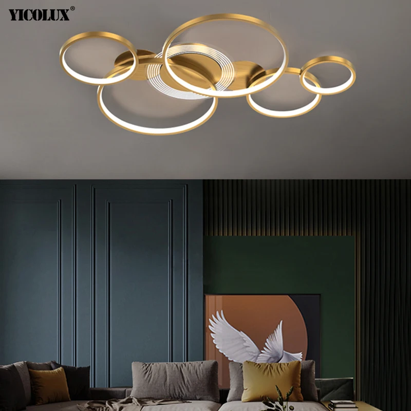 

Dimmable Acrylic Gold Round New Modern LED Chandeliers Lights Remote Dimming Living Dining Room Bedroom Villa Apartment Lamps