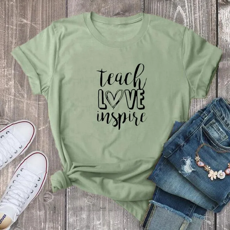 

Футболка из 100% чистого хлопка с надписью «Teach Love Inspire», Женская свободная футболка с коротким рукавом и круглым вырезом, летняя футболка 2020, т...