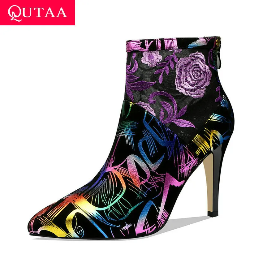 Женские замшевые ботильоны QUTAA розовые с острым носком на платформе тонком