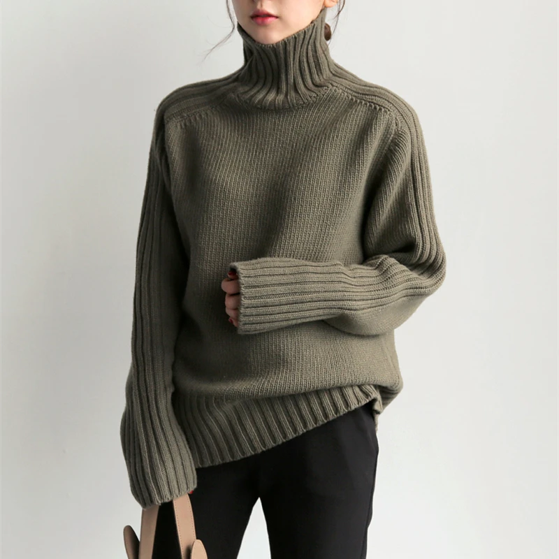 

Neophil 2022 Knitted Winter Women Pullovers Sweaters Turtleneck Solid Army Green Casual Knitting Warm Fashion Female Tops SW9707