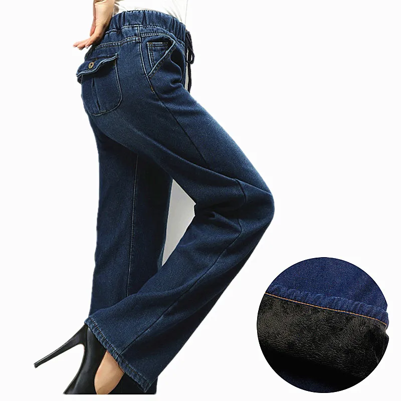 Зимние женские утепленные флисовые джинсы винтажные широкие брюки из джинсовой