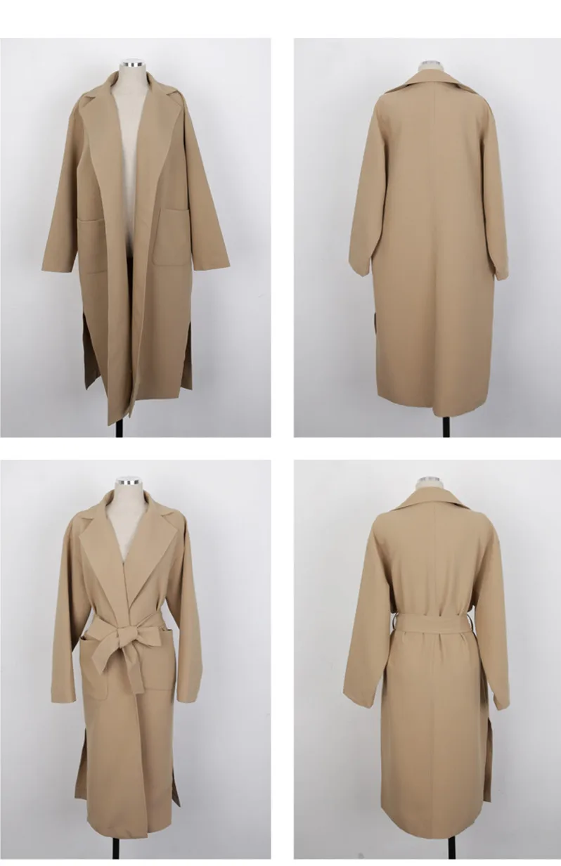 

Women Korean Casual Loose Woolen Coat Sashes Solid Thick Long Windbreaker Female Elegant Pocket Maxi Overcoat Fashion Jacket