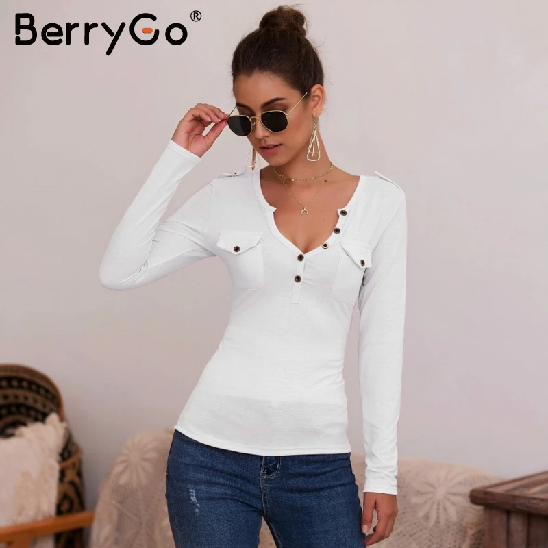 BerryGo сексуальные трикотажные футболки с v-образным вырезом Женские повседневные