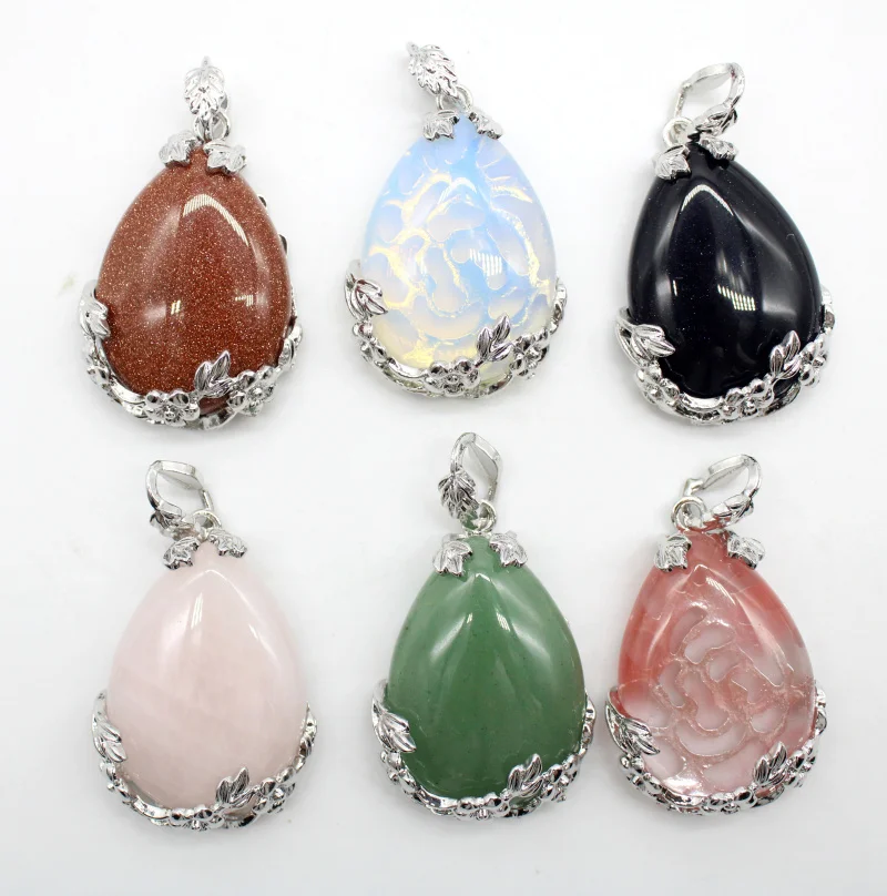 

6pcs/lot Natural Stone Crystal alloy water drop Beads pendants Mixed Colors DIY for Handmade Necklace Lucky Healing Jewelry