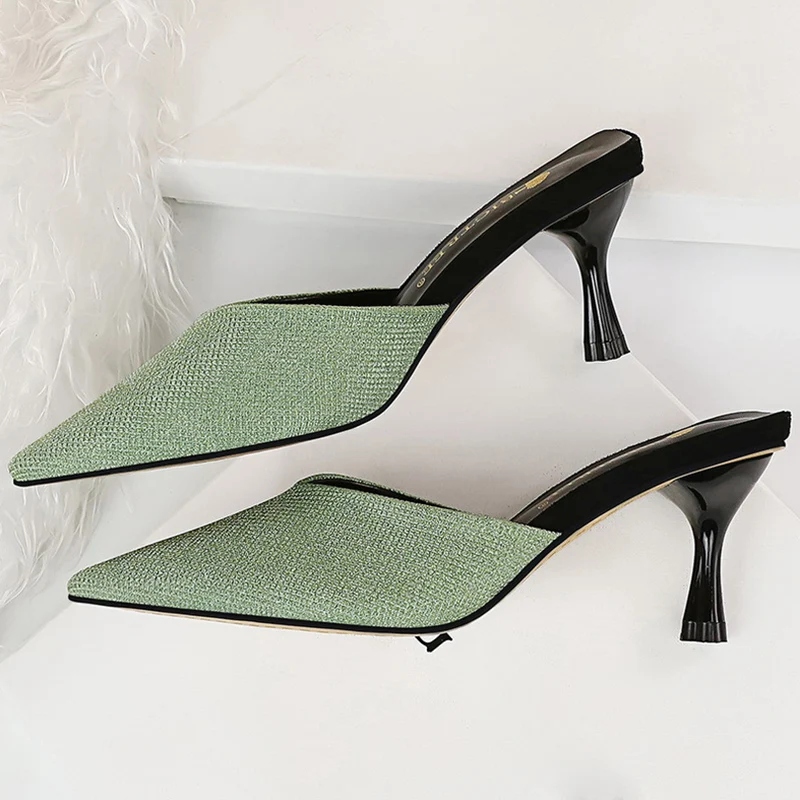 Женские туфли на низком каблуке 6 см прозрачные шлепанцы зеленого цвета с