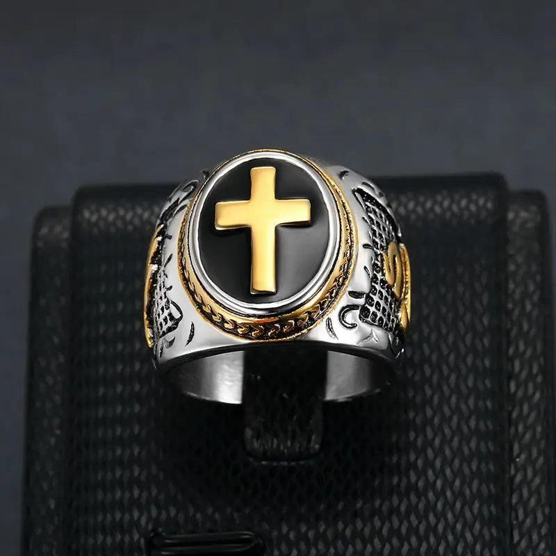 

Trendy Men Black Oil Double Gold Ring Accessories Jewelry The Hand Of God For Men Best Gift Classic Vintage Cross Ring