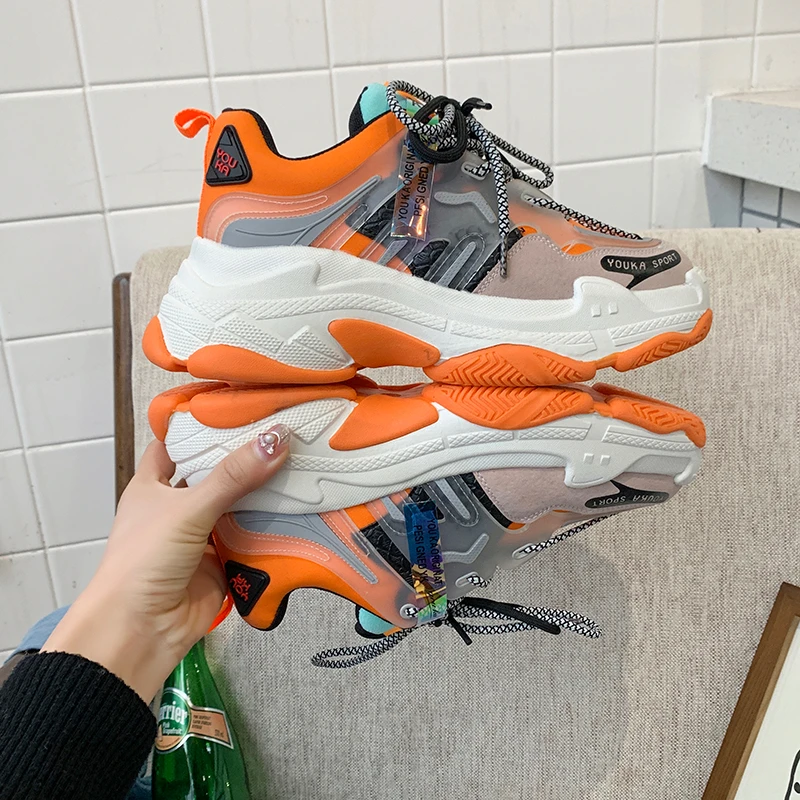Женские кроссовки на платформе 5 см оранжевые или серые удобные со шнуровкой