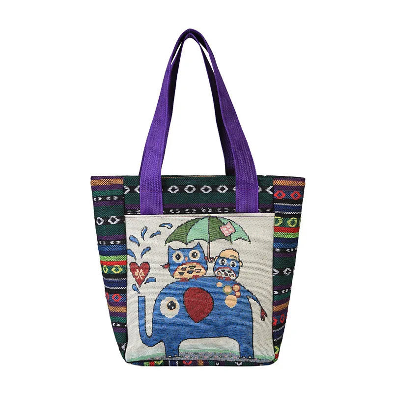 

New Women's Fashion Cartoon Embroidery Canvas Handbag Female Casual Tote Bag Ladies Shopping Bags Reusable Folding Handbags