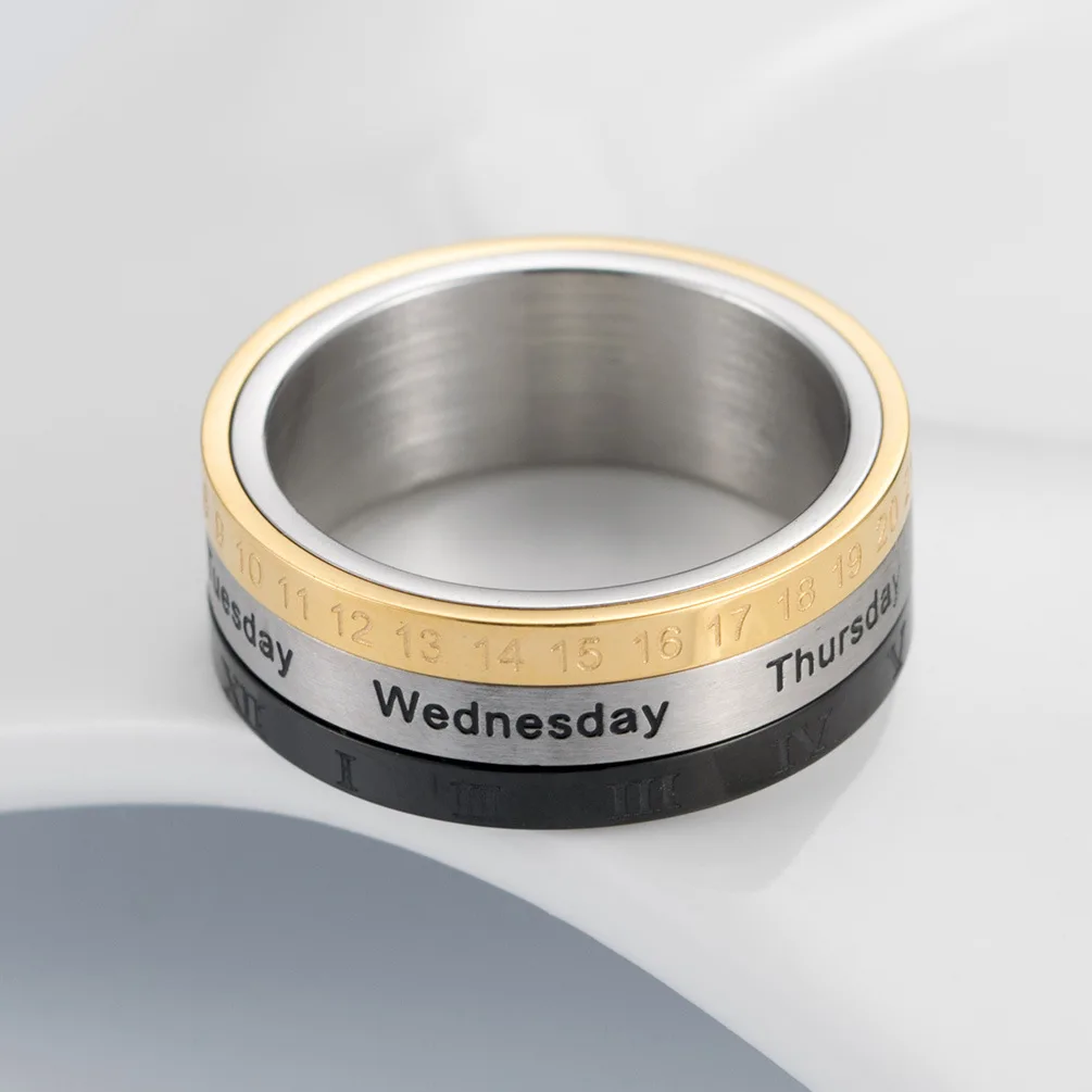 Титановое стальное кольцо с календарем римское цифровое времени|Кольца| |