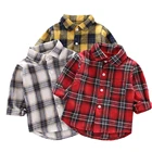 Рубашки с длинным рукавом для мальчиков и девочек, повседневные клетчатые хлопковые топы с отложным воротником, на пуговицах, одежда для школы, весна-осень