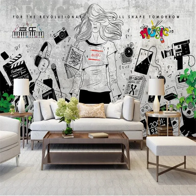 Пользовательская Ретро запись Музыка Девушка настенная бумага 3D тема Ресторан