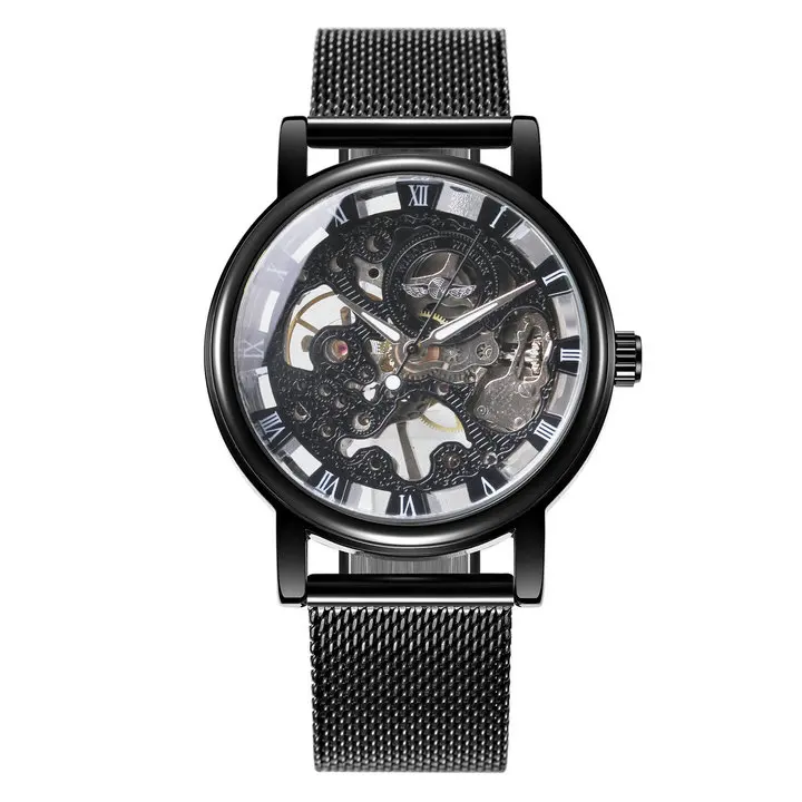 MESH ALL BLACK Победитель Топ Бренд роскошные классические механические часы для мужчин Скелет циферблат мода Бизнес Свадебный подарок золотые унисекс наручные часы - Цвет: MESH ALL BLACK