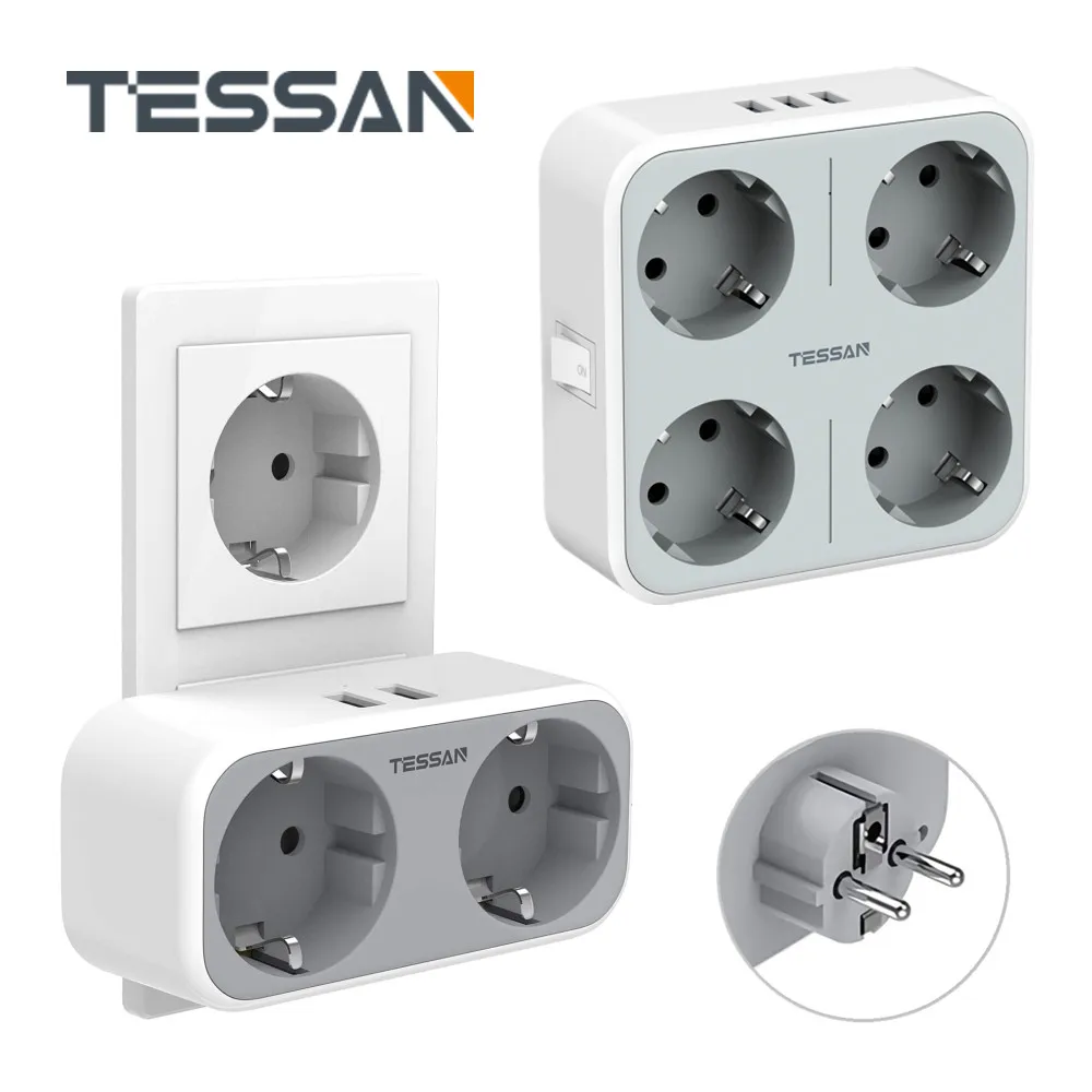 

TESSAN USB Socket EU Power Strip with 4 EU Outlets 3 USB Ports Overload Protector Switch Smart Outlet Extension Adapter European