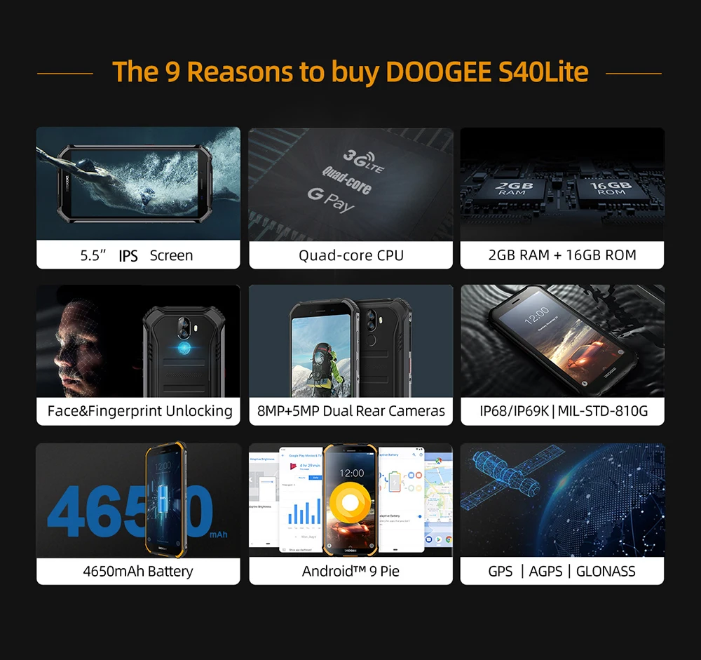 IP68 DOOGEE S40 Lite 5,5 дюймовый дисплей 2 ГБ 16 ГБ Android 9,0 прочный мобильный телефон 5,5 дюймов дисплей 4650 мАч 8,0 МП смартфон