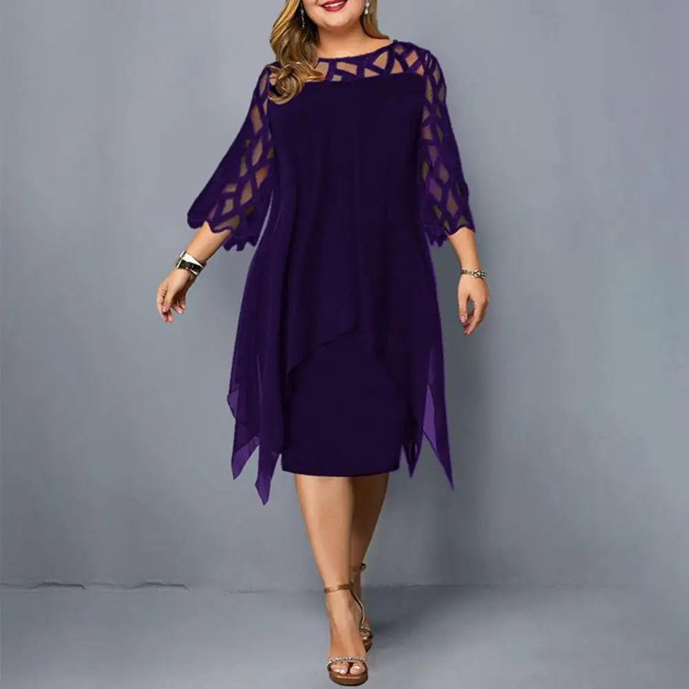 

Capucines 2021 Women Elegant Dress Mesh Stitching Tight Waist 3/4 Flare Sleeve Irregular Hem Elegant Dress for Party Dresses