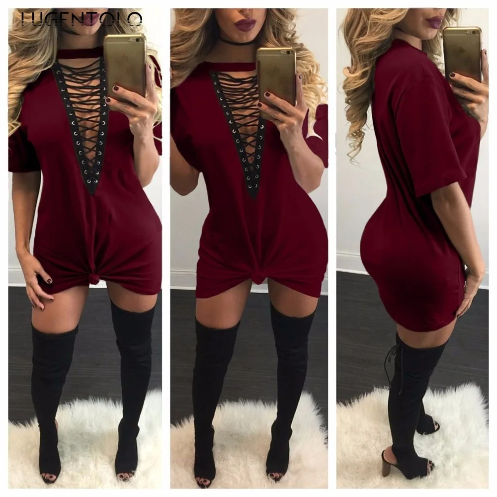 

Women Sexy Dress Hollow Out Summer Deep V-enck Short Sleeve Solid Female Casual Fashion Simple Mini Dress Lugentolo