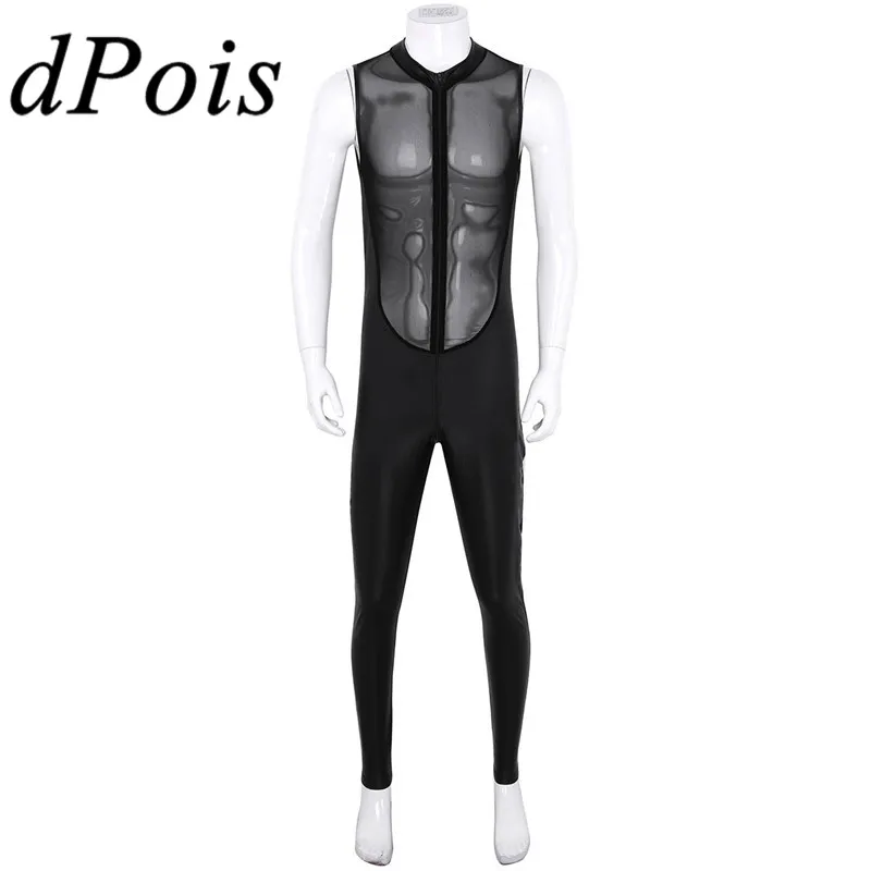 

Mens Sexy One-piece Wetlook Patent Leather Sheer Mesh Splice Sleeveless Double Zipper Leotard Homme Bodysuit Jumpsuit Clubwear