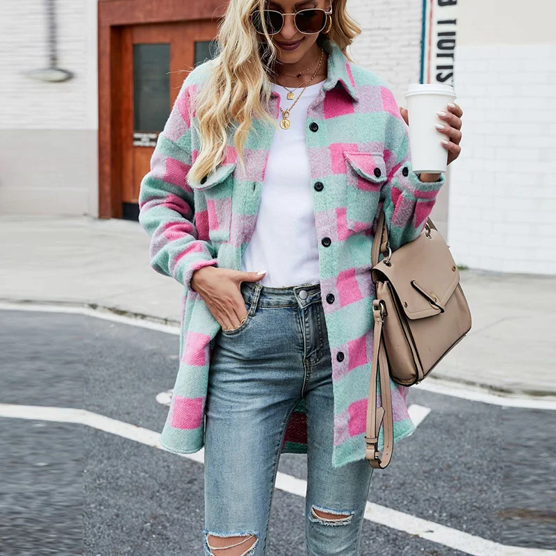 

2021 New Autumn Winter Fashion Single-Breasted Lapel Cardigan Jackets Women Elegant Plaid Warm Long Sleeve Casual Loose Outwear
