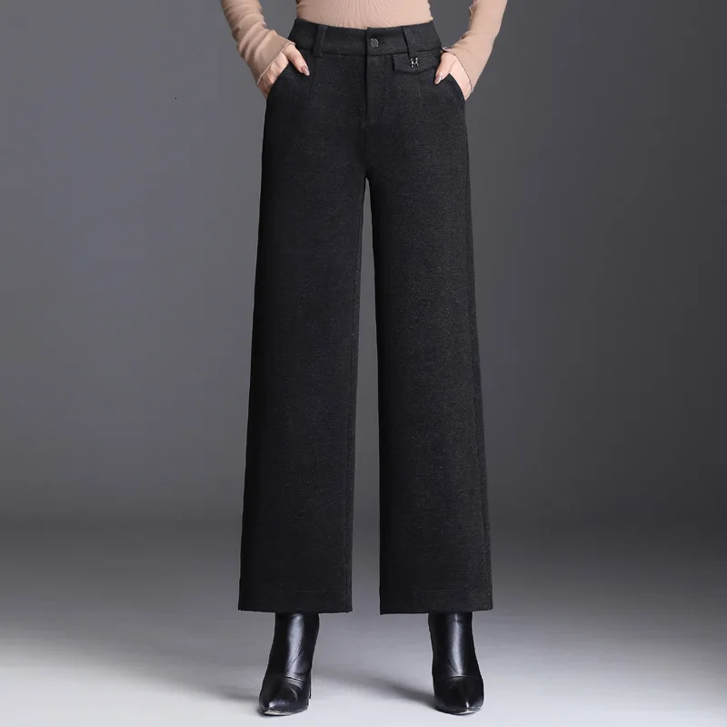 

Woolen Wide Leg Pants Woman High Waist Autumn Winter Warm Wool Office Ladies Work Business Straight Trousers Female Plus Size