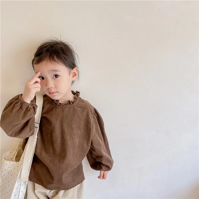 

2021 children's autumn new products, girls' autumn Korean style puff sleeve corduroy long-sleeved shirt shirt factory direct sal