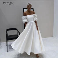 verngo simple a line satin wedding dress off the shoulder short puffy sleeves ankle length bride party gowns 2021 formal wear