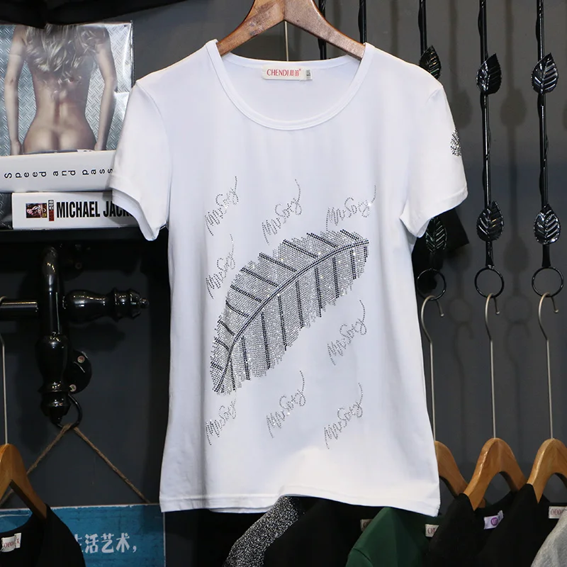 

2020 Plus Size T-shirts Women Ropa Mujer Summer Diamond T shirts Clothes Casual Drilling Cotton T-shirt Sexy Tees Tops T9032