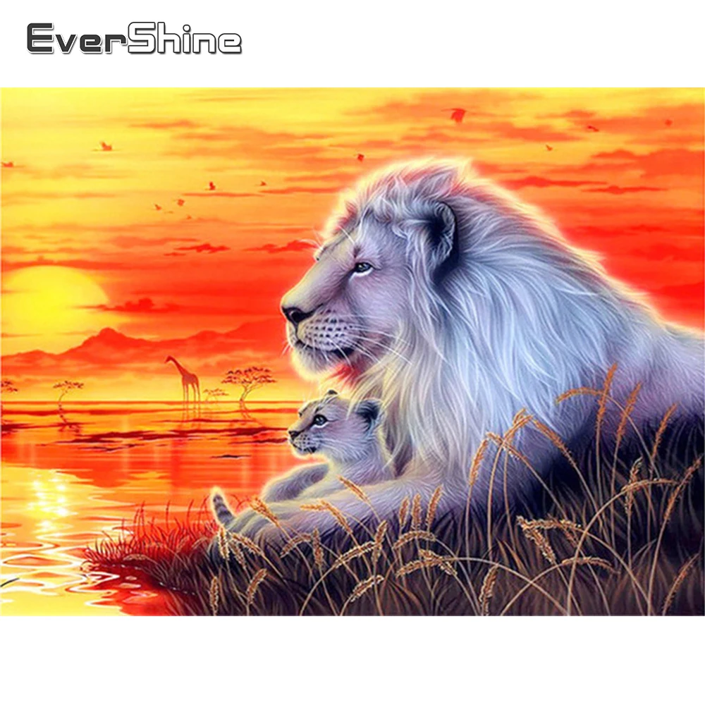 

EverShine 5D DIY Full Square Diamond Embroidery Lion Diamond Mosaic Sunset Painting Cross Stitch Animal Decor For Home