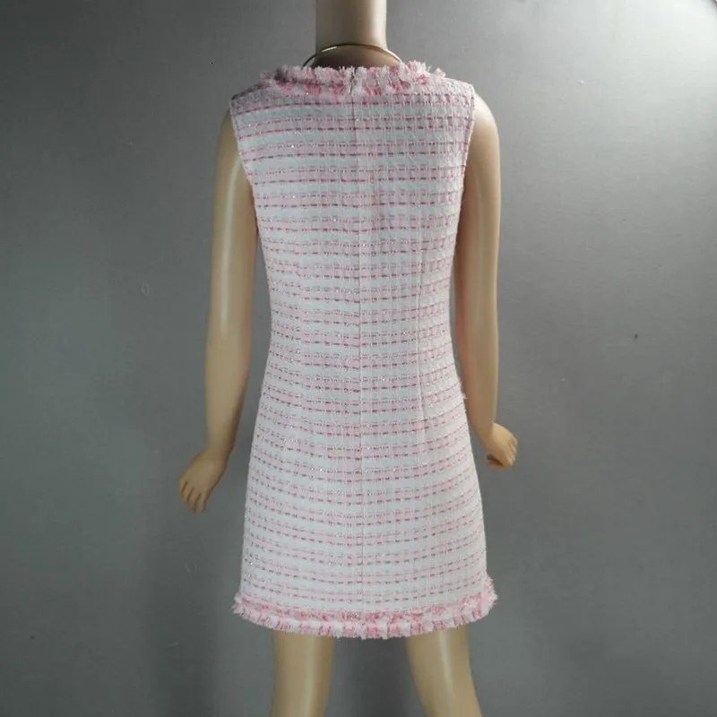 

Autumn Customized Womens Fashion Sleeveless Pink Plaid Office Lady Dress Elegant Tassel Woollen Dresses Women Zipper New Design