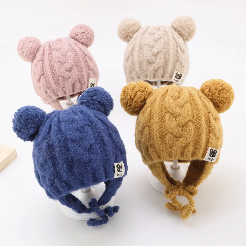 

Baby Beanies Hats Solid Color Casual Knitted Cute Cap Baby Girls Boys Winter Warm Hat Furry Balls Pompom Infant Toddler Bonnet
