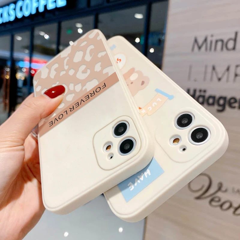 Cute Bear Case For iPhone 11 Cases Leopard Funda iPhone11 12 13 14 Pro Max XR X XS SE 2020 7 8 Plus iphone13 12 Mini Soft Covers