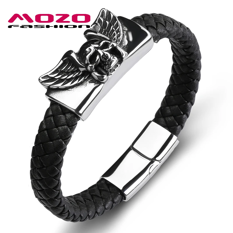 

MOZO FASHION Trendy Men Bracelet Leather Skeleton Wing Stainless Steel Simple Bangles Male Collocation Punk Cuff Jewelry