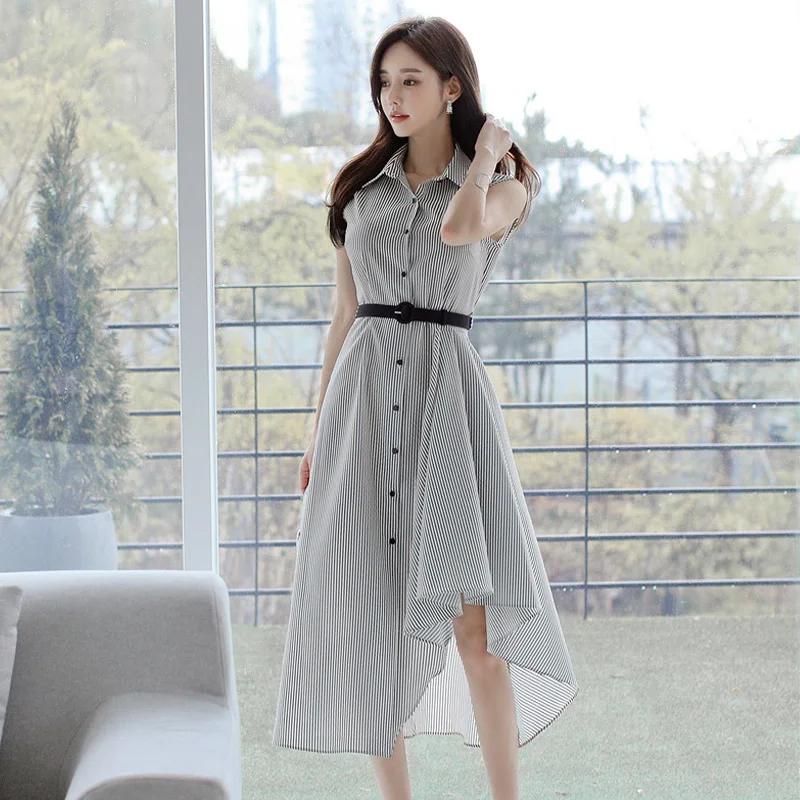 Женское винтажное платье рубашка в полоску офисное без рукавов Новинка лета