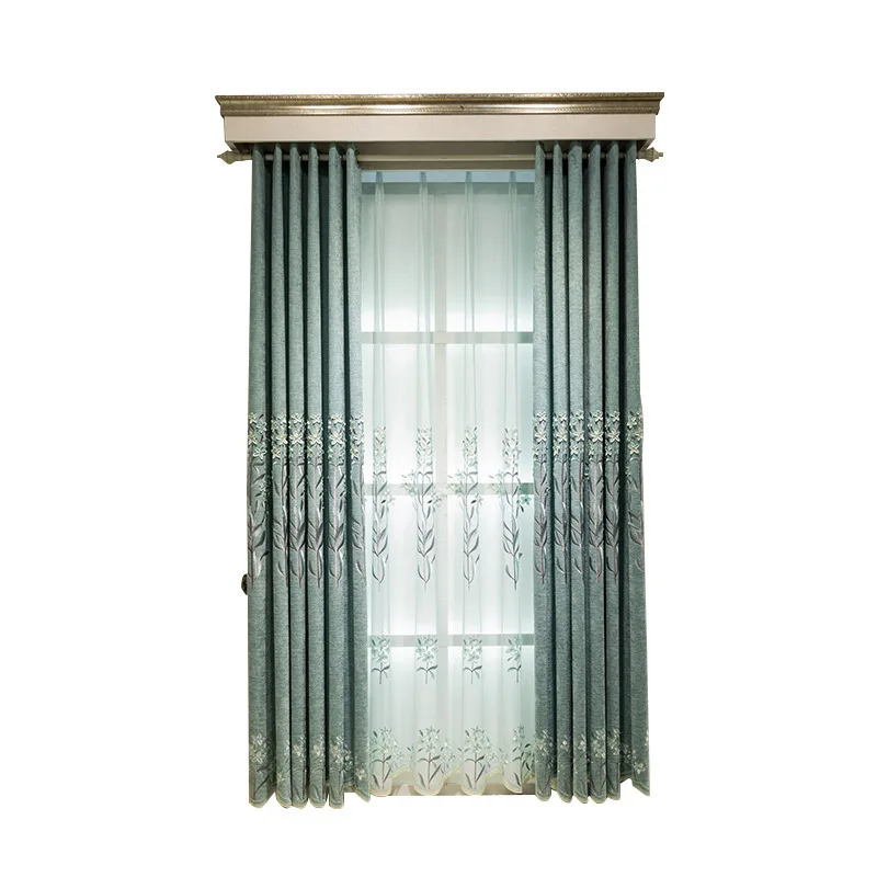 

European Style 2021 New Shading Embossed Embroidered Curtains Bedroom Living Room American High-end Atmospheric Embroidery