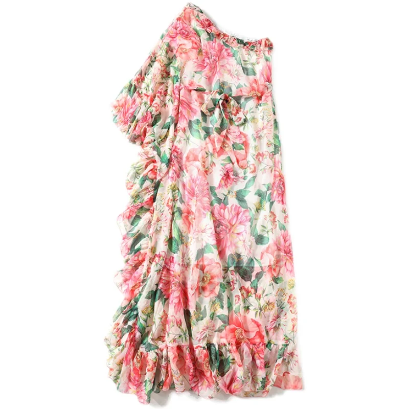 

123 lace skirt lotus leaf charming printed one shoulder lace dress