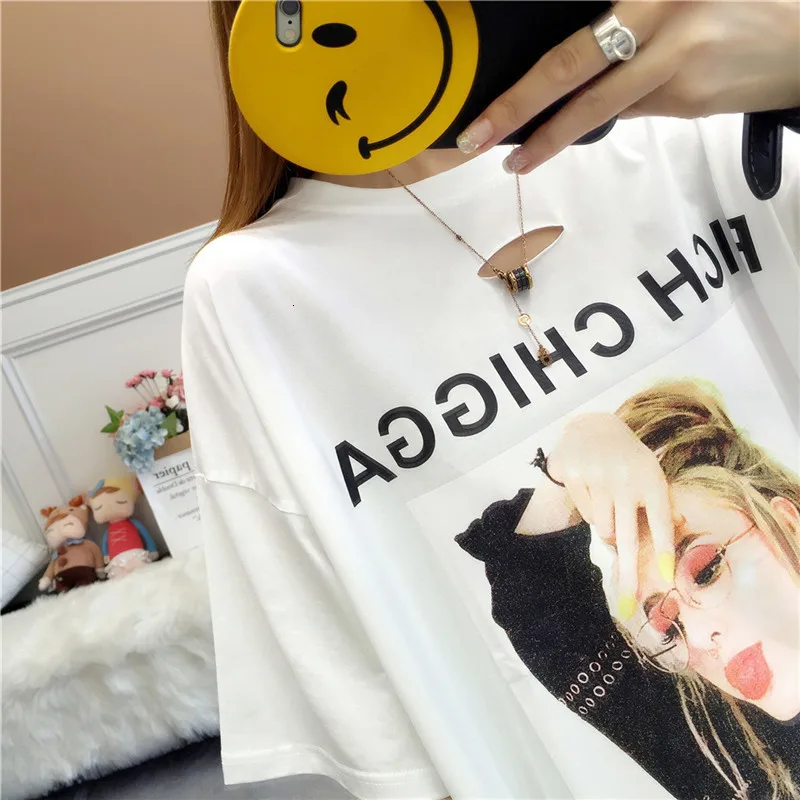 4804 летний узор корейская мода Хлопок Уличная одежда Harajuku большой размер длинная свободная дыра хип хоп половина рукав футболка Женская волна