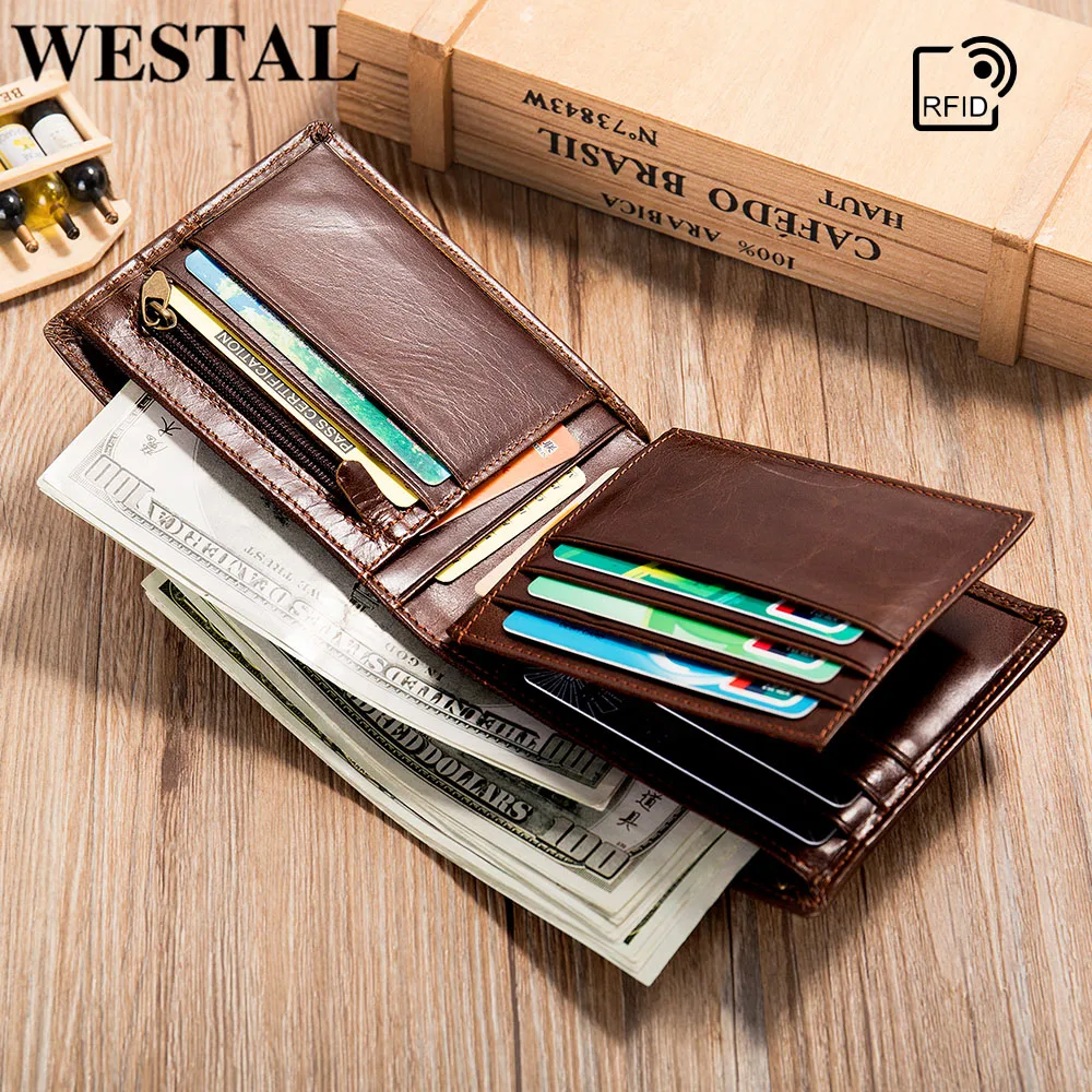 WESTAL Mini Wallet Clutch Male Genuine Leather Business Card Wallets for Men Money Bags Vintage Men's Purse Leather Coin Purses