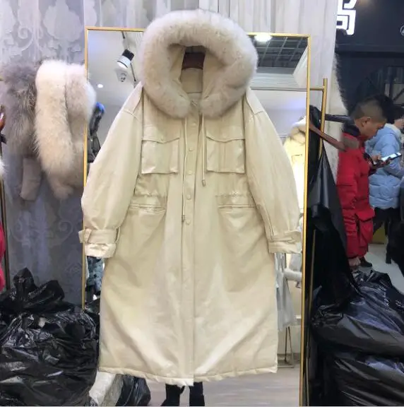 beige Настоящий воротник из натурального меха-30 градусов зимняя женская куртка пальто с капюшоном Толстая теплая зимняя длинная пуховая парка белая куртка на утином пуху - Цвет: beige