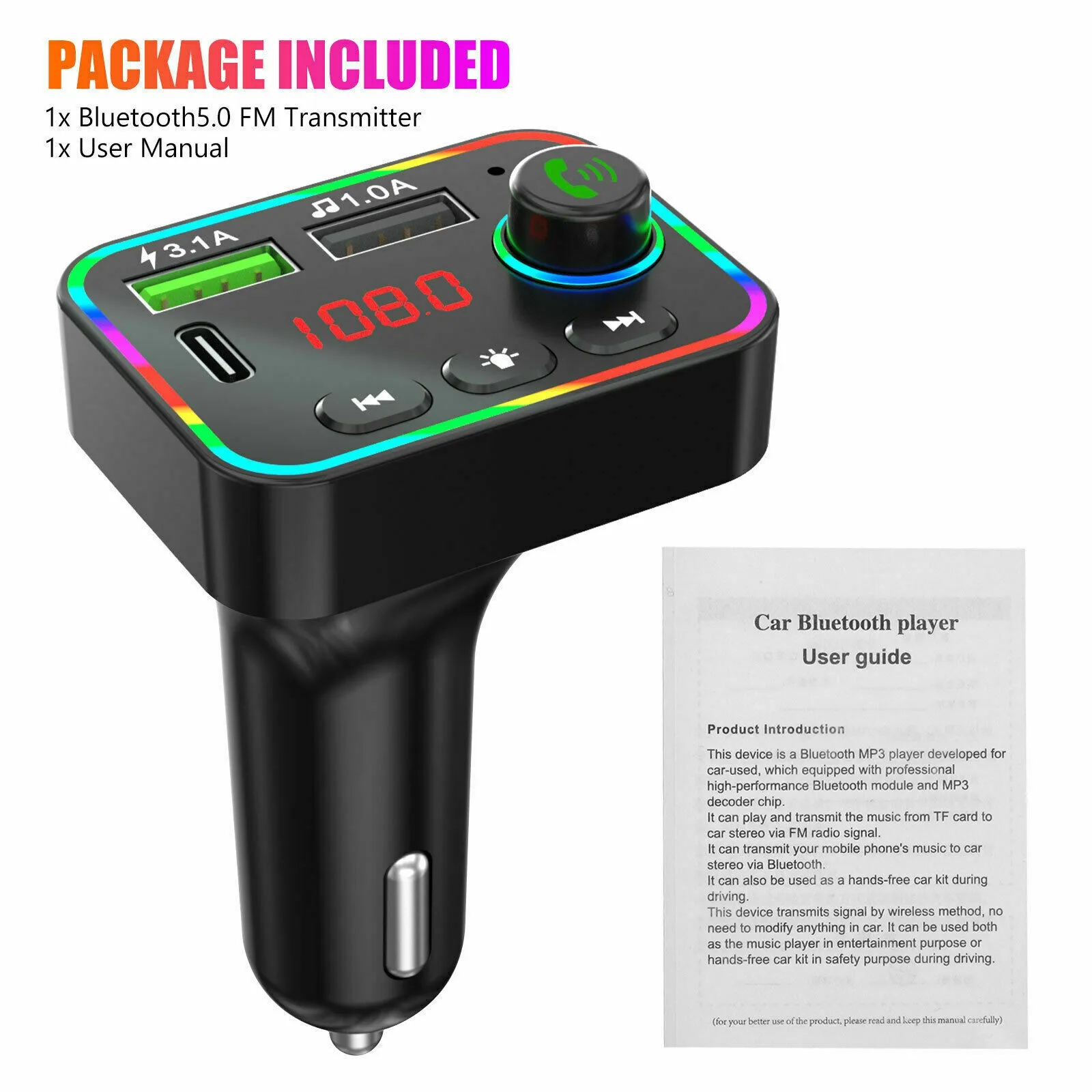 

Bluetooth 5.0 FM Transmitter Hands-Free Radio MP3 AUX Adapter USB PD Charger Car Type-C Fast Charger